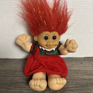 Vtg Russ Troll Girl Doll 8" Glitter Red Hair Plaid Dress Cloth Plastic Retro